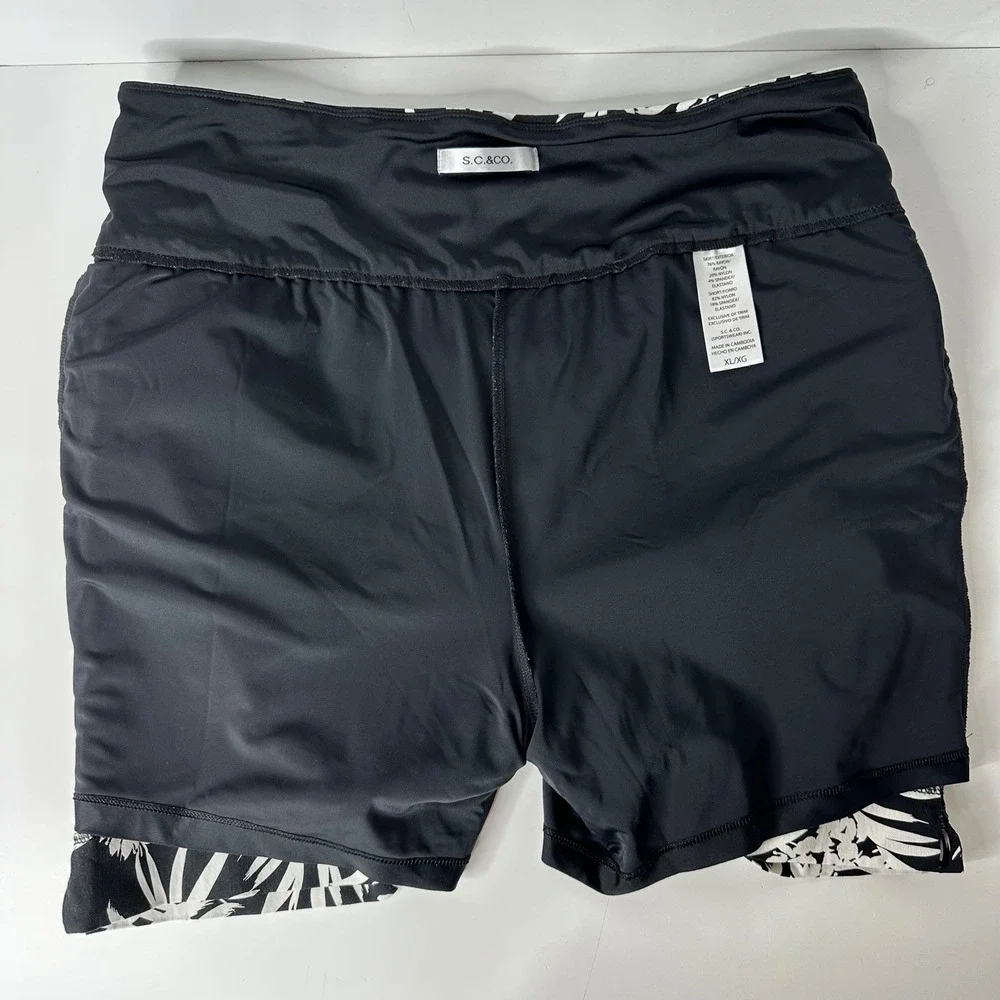 SC & CO Stretch Skort Black White Tropical Floral Palm Pockets Resort Golf Sz XL